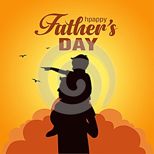 Son on his father shoulders on blue background, happy international father`s day concept, can be use for card, poster, website,