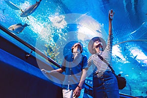 Son with his Mother watching underwater sea inhabitants in huge aquarium tunnel, showing an interesting to each other