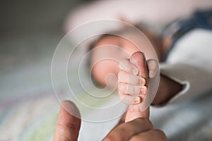 Son holds father by the hand. close-up. Closeup of a senior man and girl holding hands