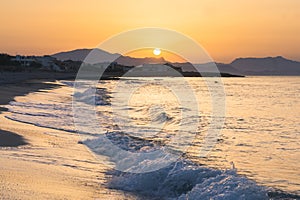 Son Serra de Marina beach at sundet, Mallorca island, Spain photo