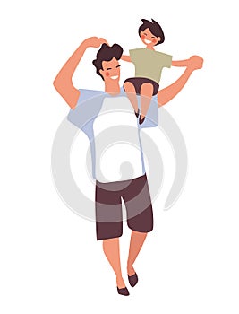 Son sits on dad s shoulder, card for father s day. A man walks with a child. Flat cartoon vector illustration isolated