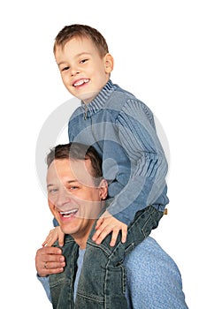 Son sits on father`s shoulders