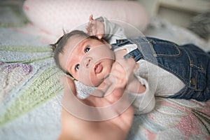 Son stretches to his father. child`s love for family