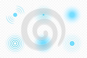 Sonar wave and echo sounding symbol. Sonic sonar signals, radar waves and digital pulses. Collection of sonar wave icons on