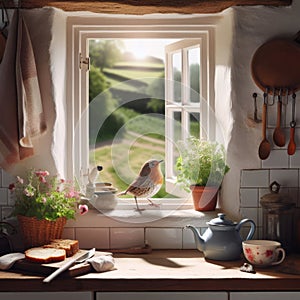 Song bird sits on farmhouse window sill in springtime