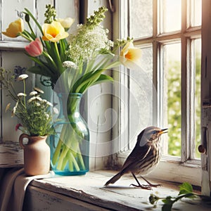 Song bird sits on farmhouse window sill in springtime