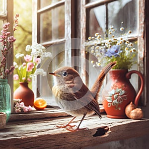Song bird sits on farmhouse window sill in springtime