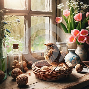 Song bird sits on farmhouse window sill in springtime