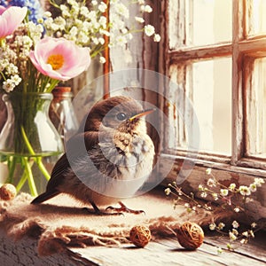 Song bird sits on farmhouse window sill in springtime