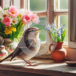 Song bird sits on farmhouse window sill in springtime