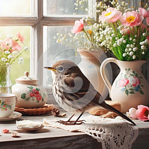 Song bird sits on farmhouse window sill in springtime