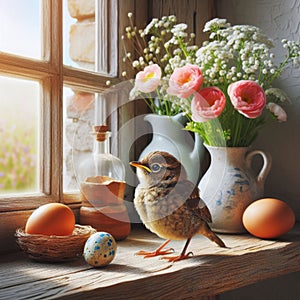 Song bird sits on farmhouse window sill in springtime