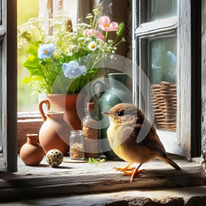 Song bird sits on farmhouse window sill in springtime