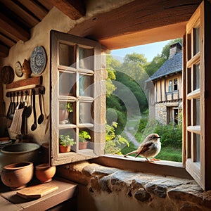 Song bird sits on farmhouse window sill in springtime