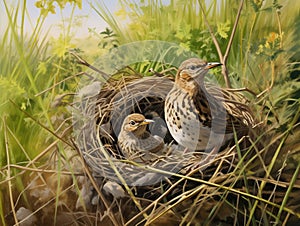 Song thrush nest with birds Turdus philomelos