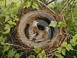 Song thrush nest with birds Turdus philomelos
