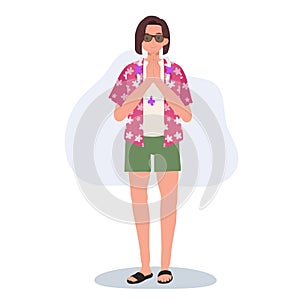 Songkarn Festival Concept. Joyful Woman in Hawaii Shirt Welcoming Sawasdee
