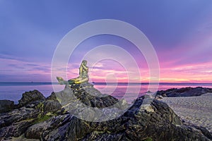 Songkhla, Thailand - SEP 17, 2016: Tourist taking photo to a popular mermaid statue tourist attraction at Samila beach, Songkhla P