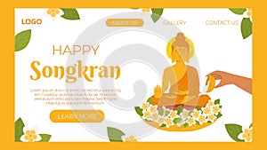 Songkran, Buddha water ceremony. Hand Pouring water the monk sculpture. Thailand New Year. Vector landing page website