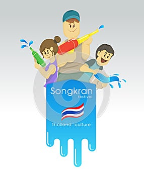 Songkran, cartoon vector boy girl and tourism with Thailand water festival,copy space