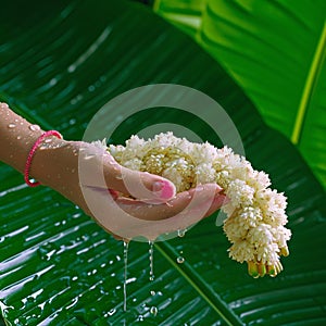 Songkran festival beauty hand holds jasmine garland, wet banana leaf