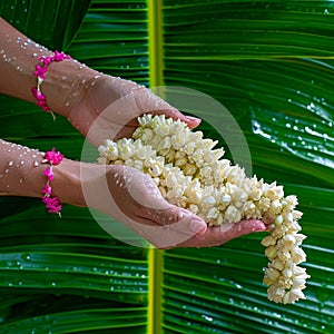 Songkran festival beauty hand holds jasmine garland, wet banana leaf