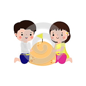 Songkran festival cute couple thai Traditional and sand pagoda Thailand Traditional New Year Day Vector Illustration