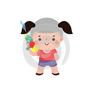 Songkran festival kid thai Traditional playing enjoy water gun splashing water Thailand cartoon character flat style