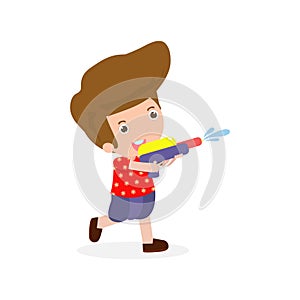 Songkran festival kids holding water gun and jumping enjoy splashing water in Songkran Thailand flat design T