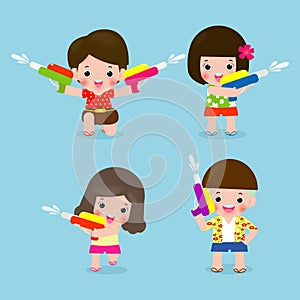 Songkran festival set of kids holding water gun enjoy splashing water in Songkran festival, Thailand Traditional New Year`s Day