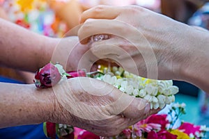 Songkran festival sign of Thailand : Hand of young people pour water, flowers on older. Thais celebrate Songkran in new year water