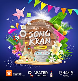 Songkran festival in thailand this summer poster design on blue background