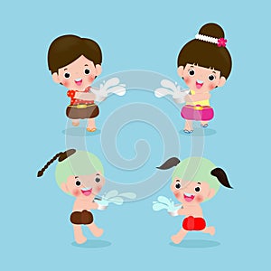 Songkran Festival, Thailand travel concept, set of kids enjoy splashing water in Songkran festival, Thailand Traditional New Year