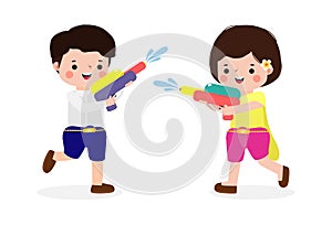 Songkran festival young couple holding water gun enjoy splashing water Thailand Traditional New Year's Day