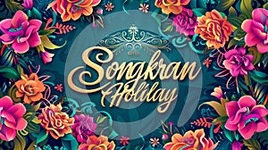 Songkran Holiday - water festival in Thailand. Calligraphy lettering text on background with water and flowers. Template for