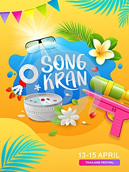 Songkran thailand festival, gun water and thai flower, poster design on abstract yellow background