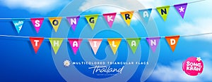 Songkran water festival thailand, colorful triangular flags, collections banner design on cloud and sky blue background