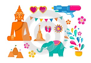 Songkran - water festival in Thailand. Thai new year national holiday. Colorful vector banner and background