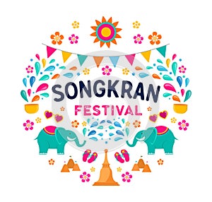 Songkran - water festival in Thailand. Thai new year national holiday. Colorful vector banner and background