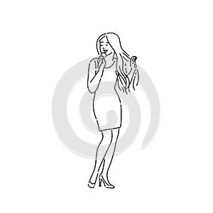 Songstress woman singing song into microphone. Line art style character vector black white isolated illustration.