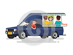 Songteo or tuk tuk taxi with passengers. Vector illustration