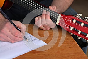 Songwriter composing a song for guitar