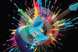 Sonic Spectrum: Electric Guitar Front and Center, Splashed with Rainbow Hues, Appearing Mid-Energetic Explosion Vibration