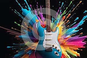 Sonic Spectrum: Electric Guitar Front and Center, Splashed with Rainbow Hues, Appearing Mid-Energetic Explosion Vibration