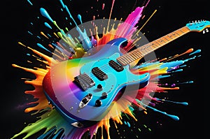 Sonic Spectrum: Electric Guitar Front and Center, Splashed with Rainbow Hues, Appearing Mid-Energetic Explosion Vibration