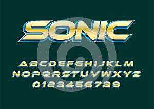 Sonic text effect, Modern bold shiny gold text effect with 3d style. Set of alphabet and number for poster headline, advertisement