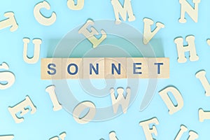 Sonnet poetry narrative form in english literature concept. Wooden blocks typography word flat lay