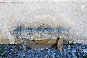 Sonogno, Switzerland, 10. April 2022: Stone Bench in Sonogno