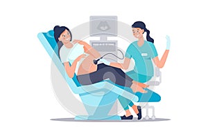 Sonographer scanning and examining pregnant woman in hospital medical office. Examination during pregnancy. Concept of medicine