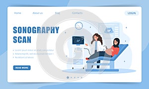 Sonography scan. Landing page template. Female doctor doing fetus screening to future mother. Pregnant arab girl with